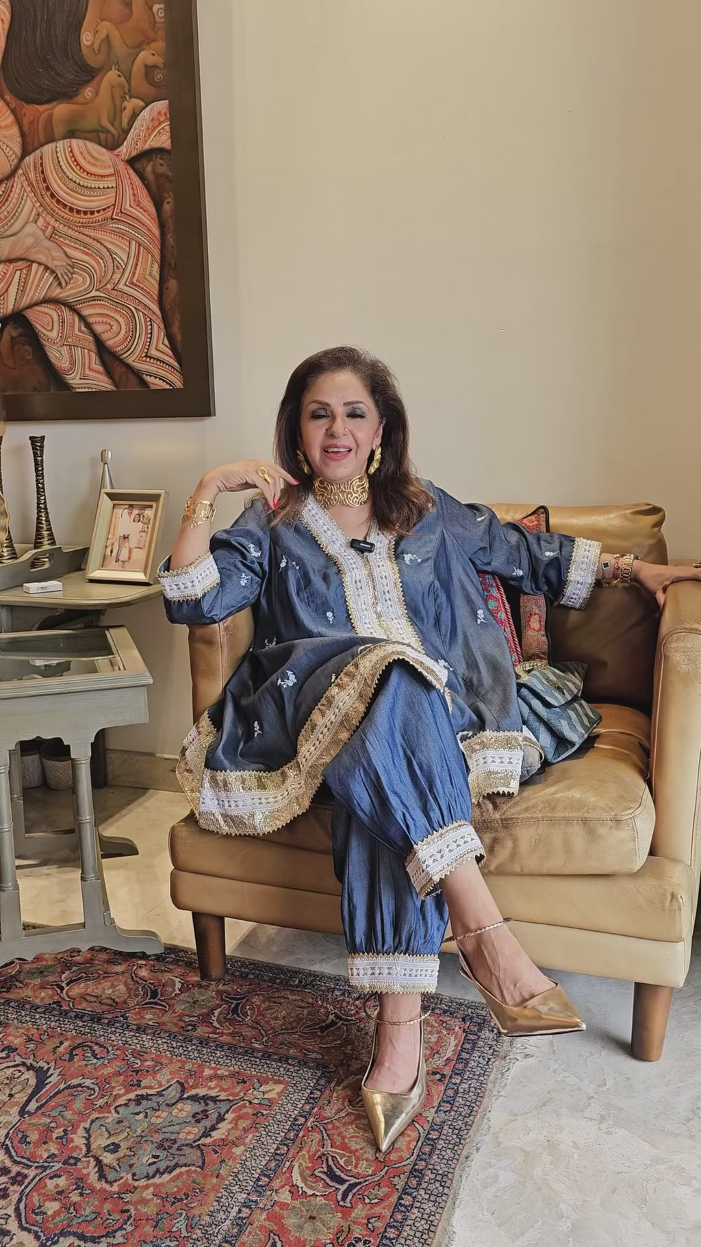 Embroidered Soft Denim Shirt With Plain Soft Denim Afghani Pants Embellished with Gota Kinari