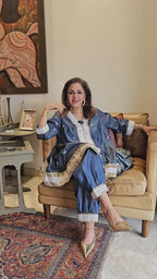 Embroidered Soft Denim Shirt With Plain Soft Denim Afghani Pants Embellished with Gota Kinari