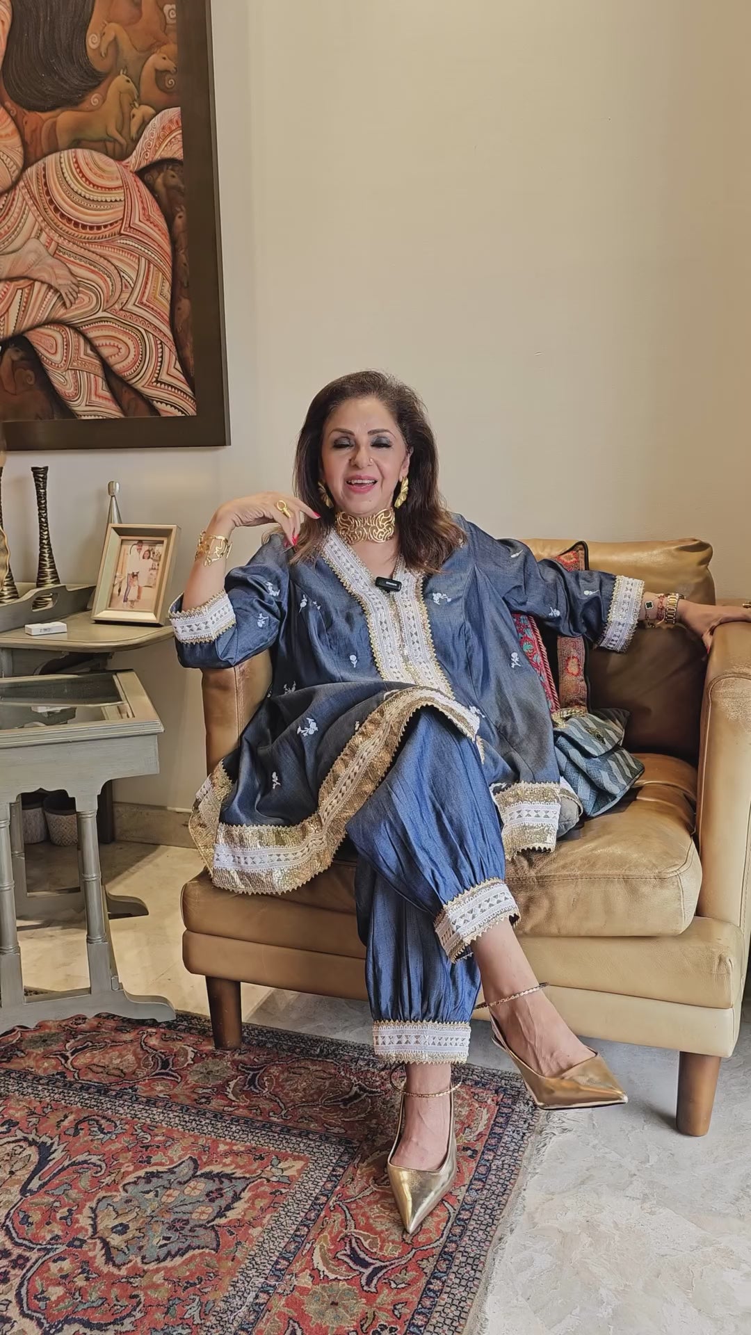 Embroidered Soft Denim Shirt With Plain Soft Denim Afghani Pants Embellished with Gota Kinari