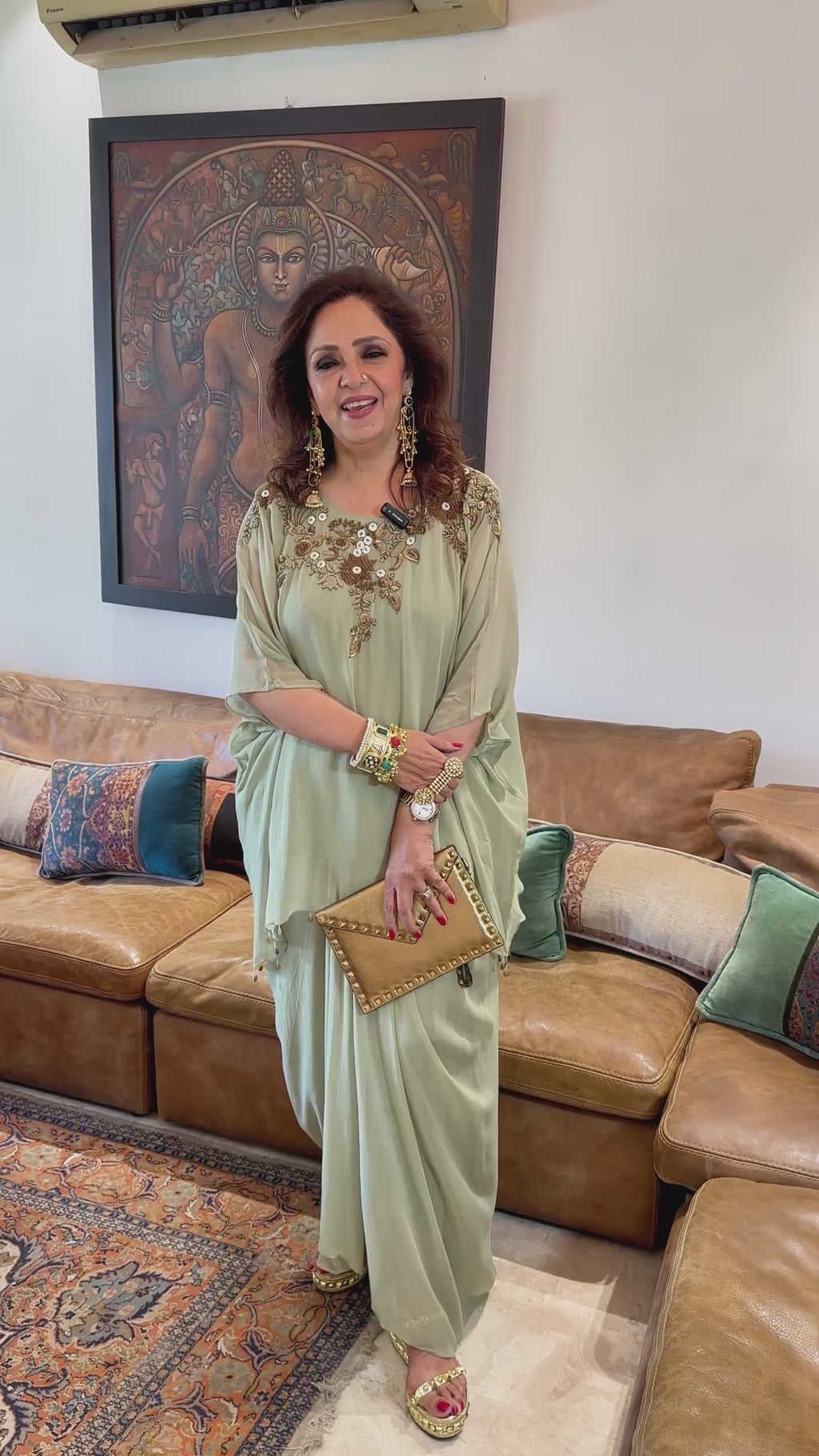 Beautiful Sage Green Georgette Hand Embroidered Top With Drape Skirt