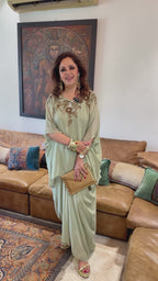 Beautiful Sage Green Georgette Hand Embroidered Top With Drape Skirt