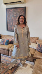 Grey Linen Embroidered Top With Linen Bottom