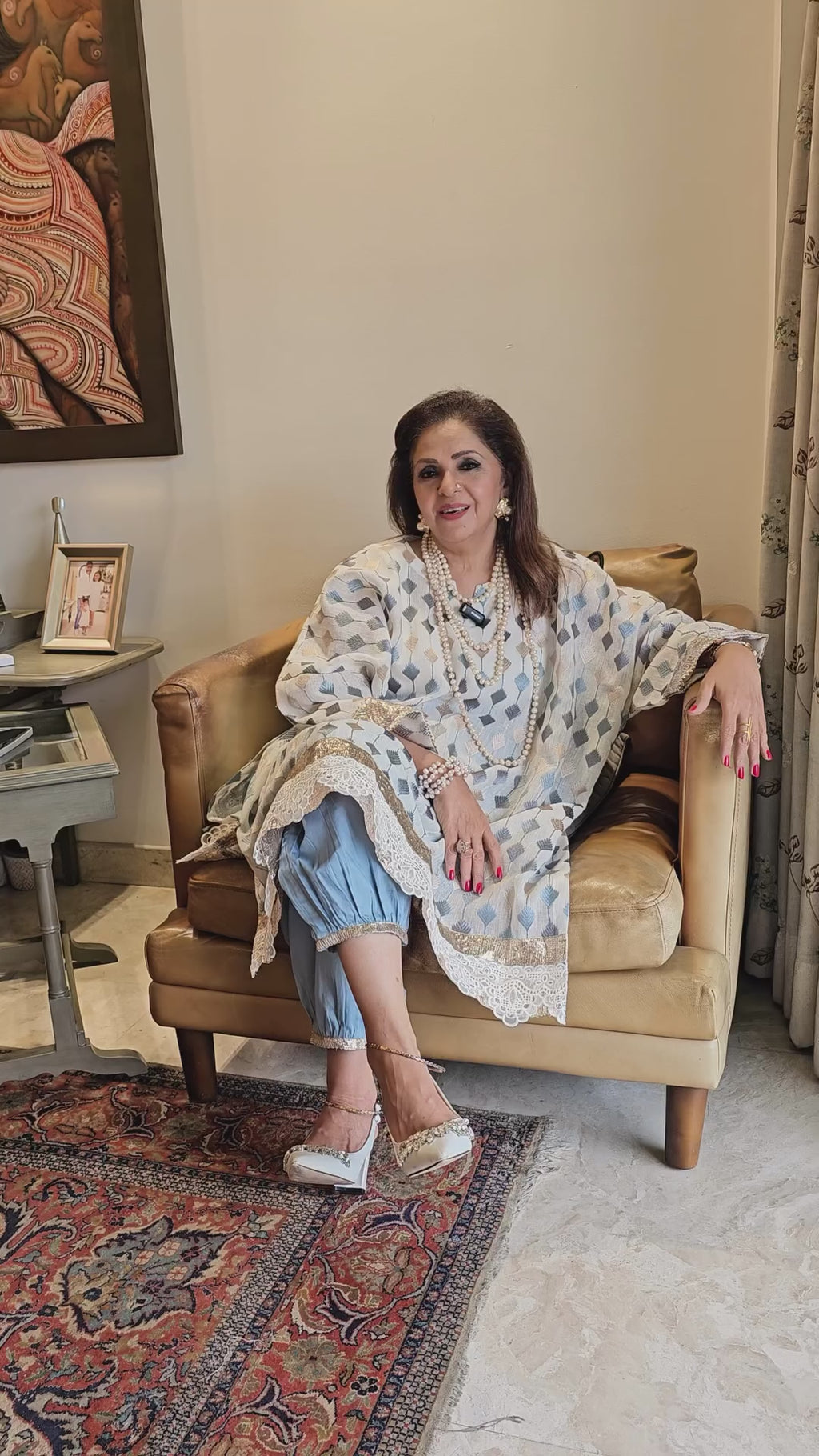 Blue and Ivory Linen Embroidered Top With Silk Cotton Afghani Pants