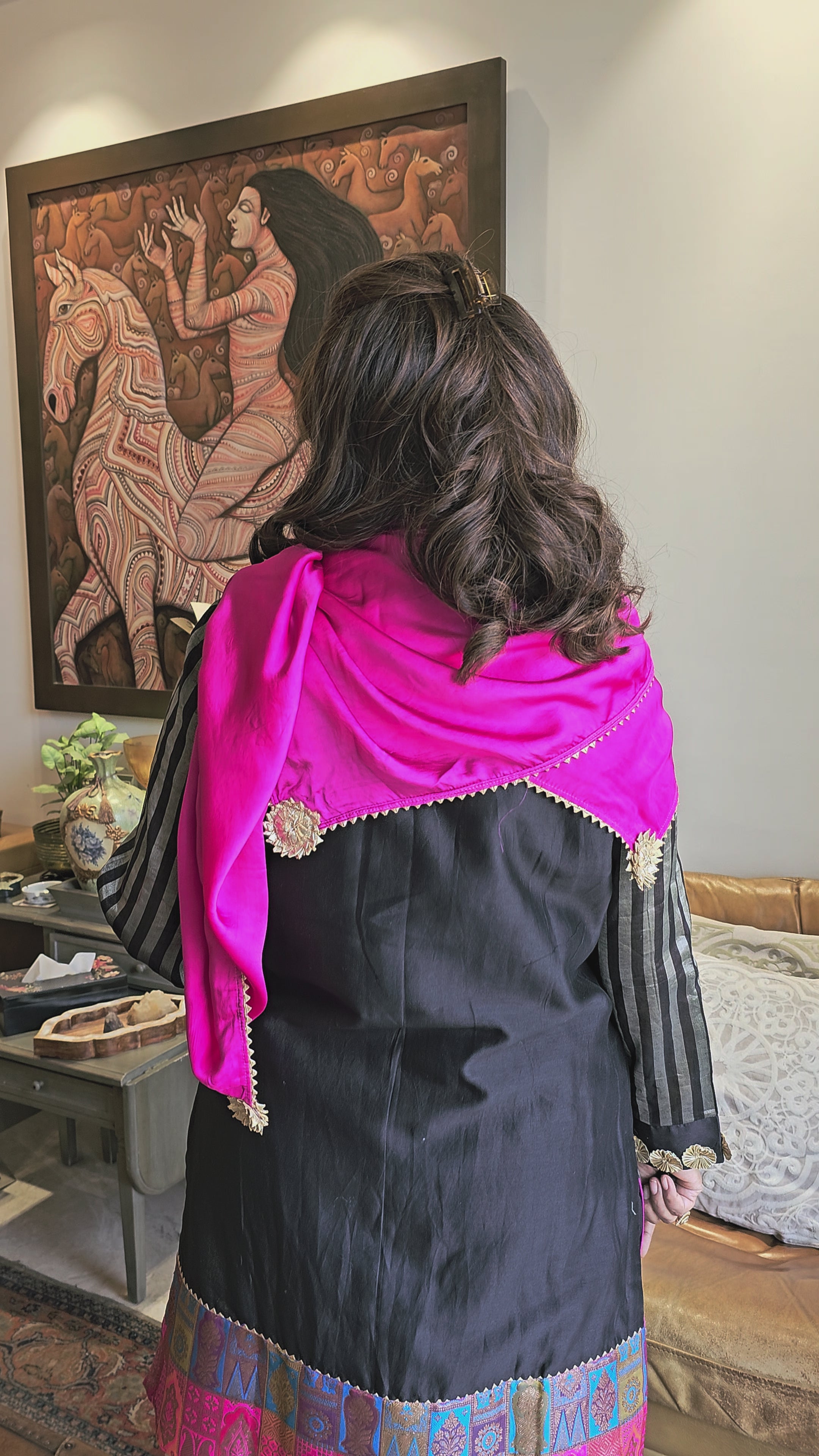 Stunning Beautiful Tissue Banarasi Kurta, Chanderi Bottom & Satin Scarf Trimmed With Gota Kinari