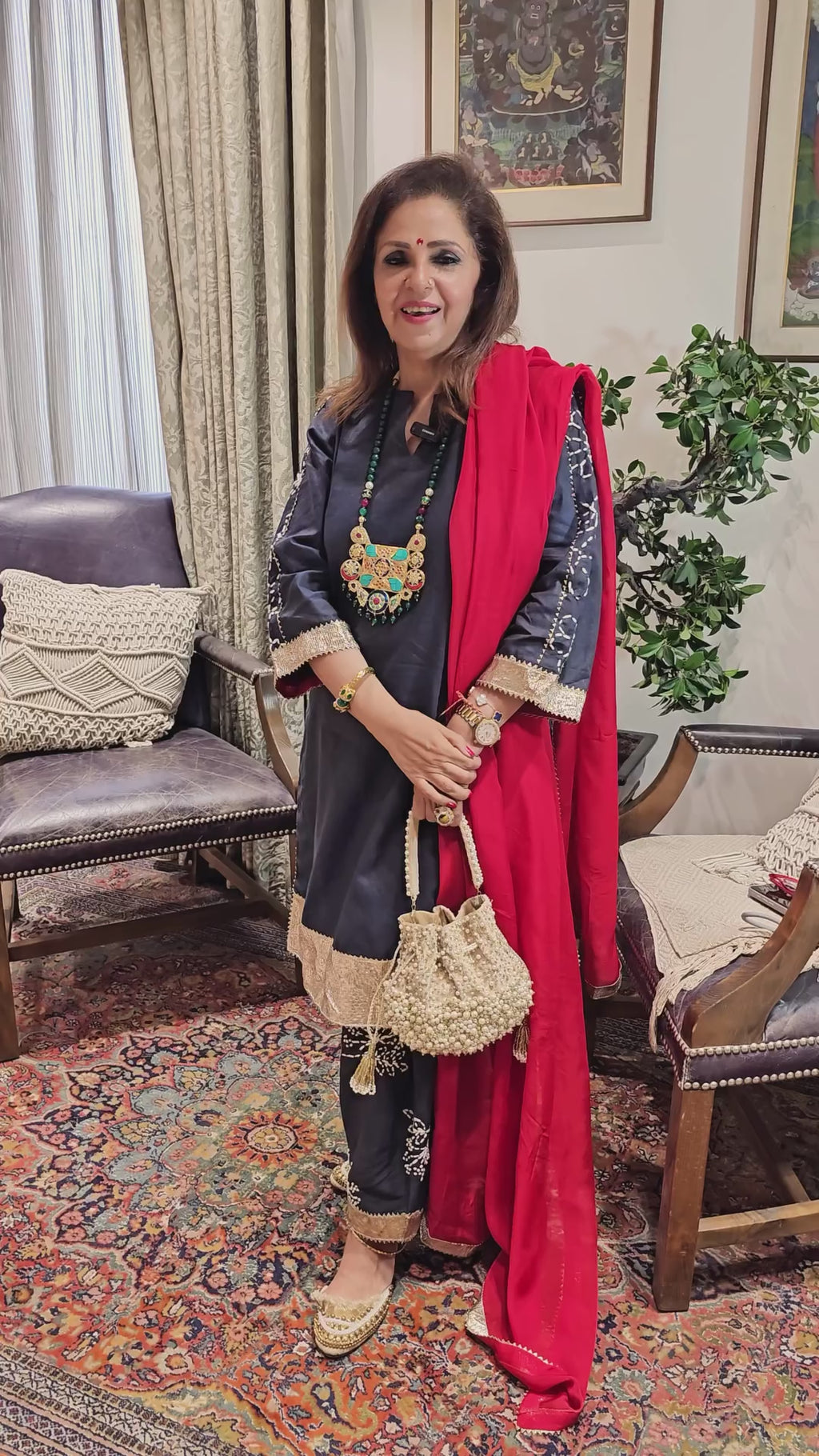 Dark Blue Denim Plain Shirt With Hand Embroidered Bottom With Organza Dupatta