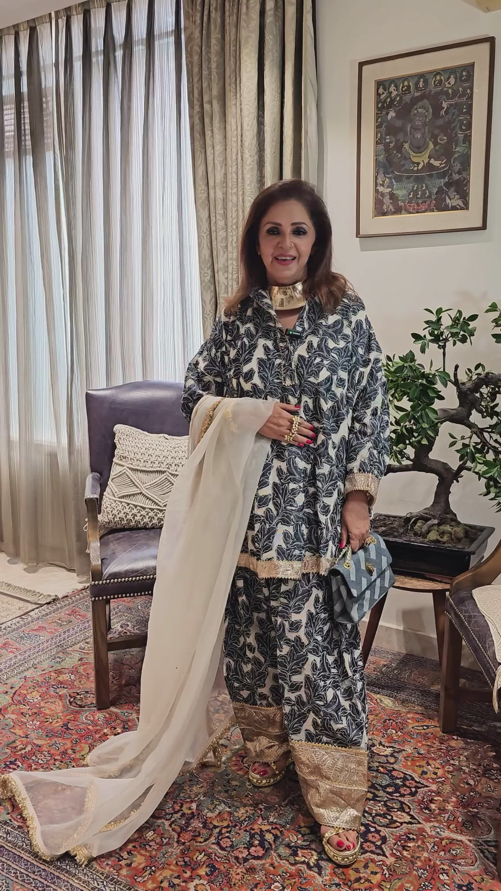 Dark Blue Denim Co-ord Set in Embroidered Denim With Dupatta